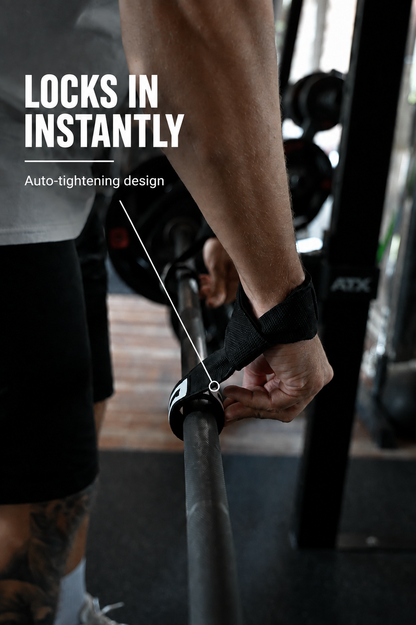 DINOLI Auto-Lock Lifting Straps locking instantly around a barbell