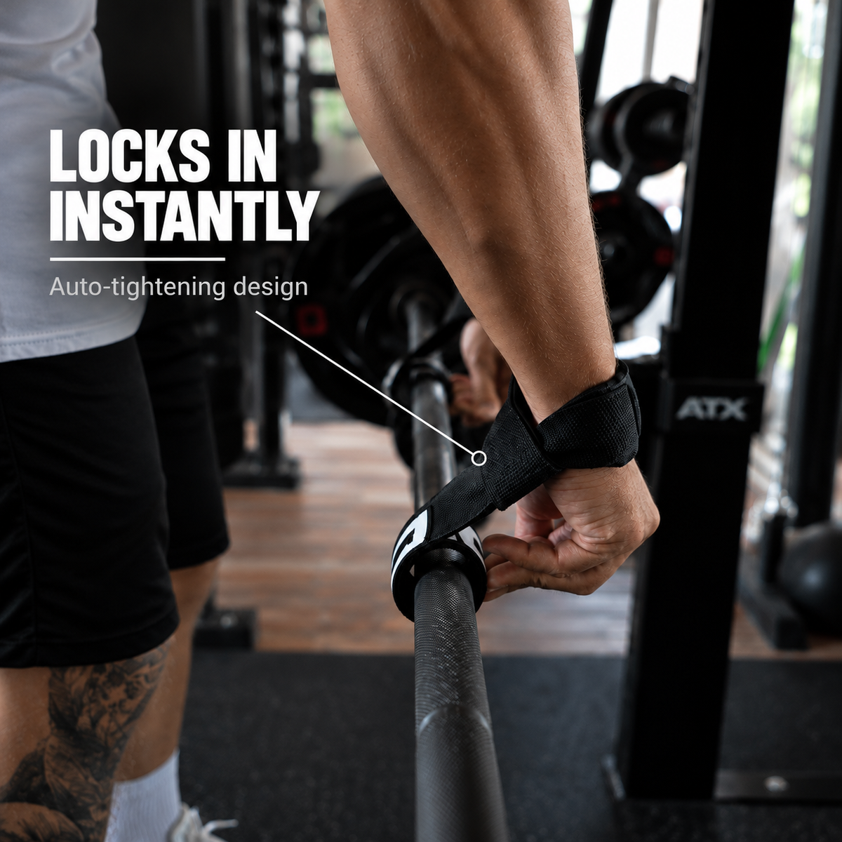 DINOLI auto-lock lifting strap secured around a gym barbell, demonstrating the instant-locking and auto-tightening design.