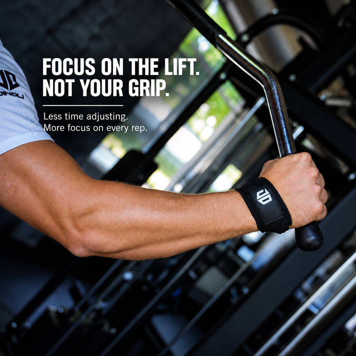 DINOLI auto-lock lifting strap worn during a gym workout, gripping a weight machine handle. Focus on the lift, not your grip.