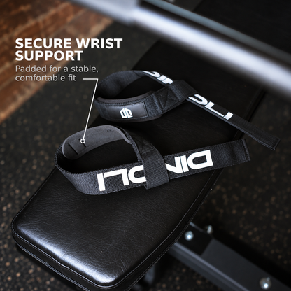 DINOLI auto-lock lifting straps with padded wrist supports for a secure and comfortable fit during weightlifting workouts.