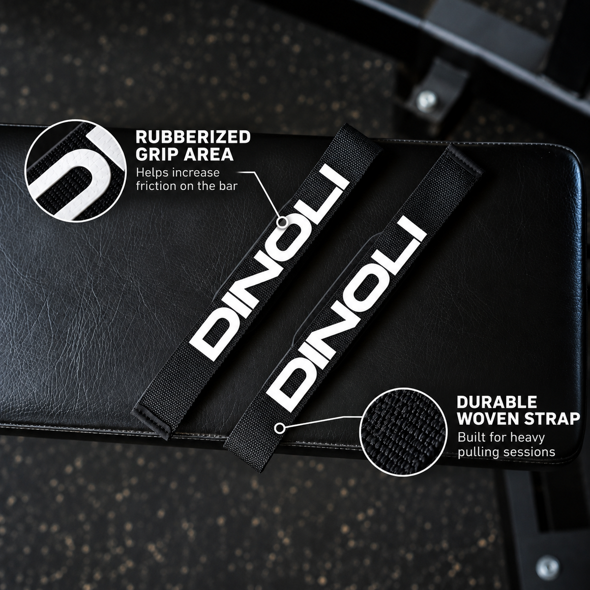 DINOLI auto-lock lifting straps with rubberized grip areas for better bar friction and durable woven material for heavy lifting workouts.